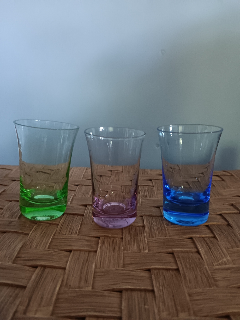 Vintage Mid-Century Modern Colored Blown Glass Cordial Shot Glasses Set Of 3